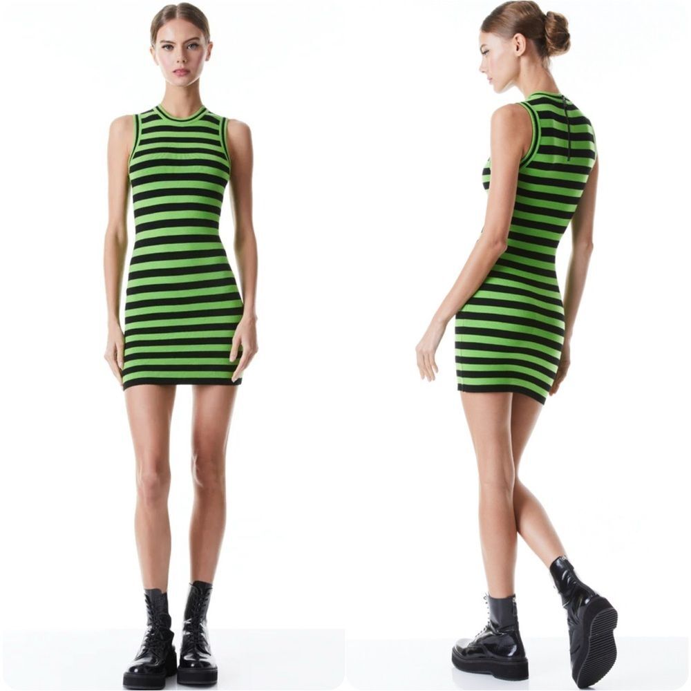Alice + Olivia Landi Striped Wool Blend Mini Dress in Parrot / Black | Medium